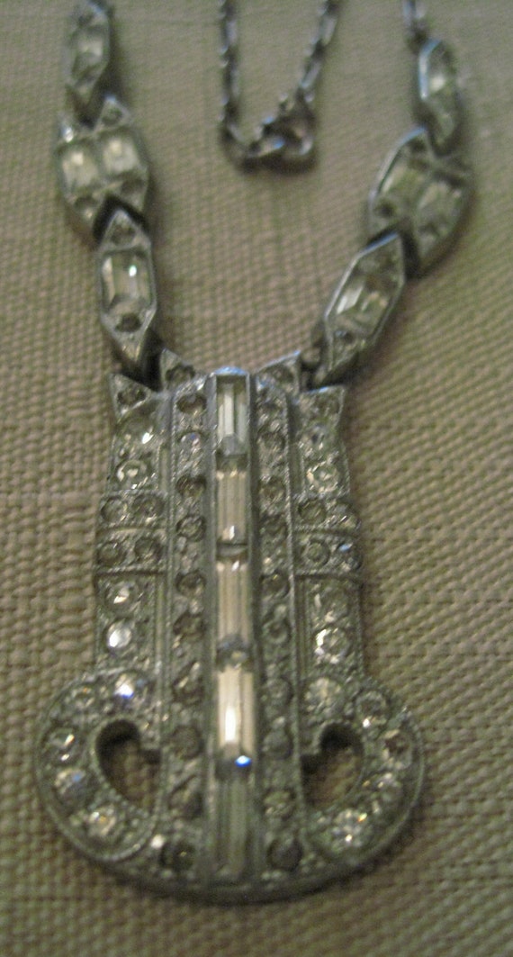 VICTORIAN BAGUETTE RHINESTONE Pendant Necklace Si… - image 1