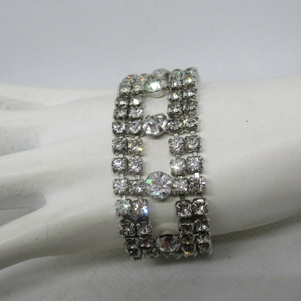 SIGNED GARNE Wide Large RHINESTONE Bracelet With Safety Chain Designer Rhinestone Silver Tone Bracelet 4 Rows Rhinestone Bracelet 1950's