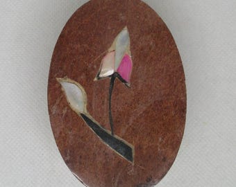 Vintage Soapstone Trinket Box: Jasper, Mother of Pearl Floral Design