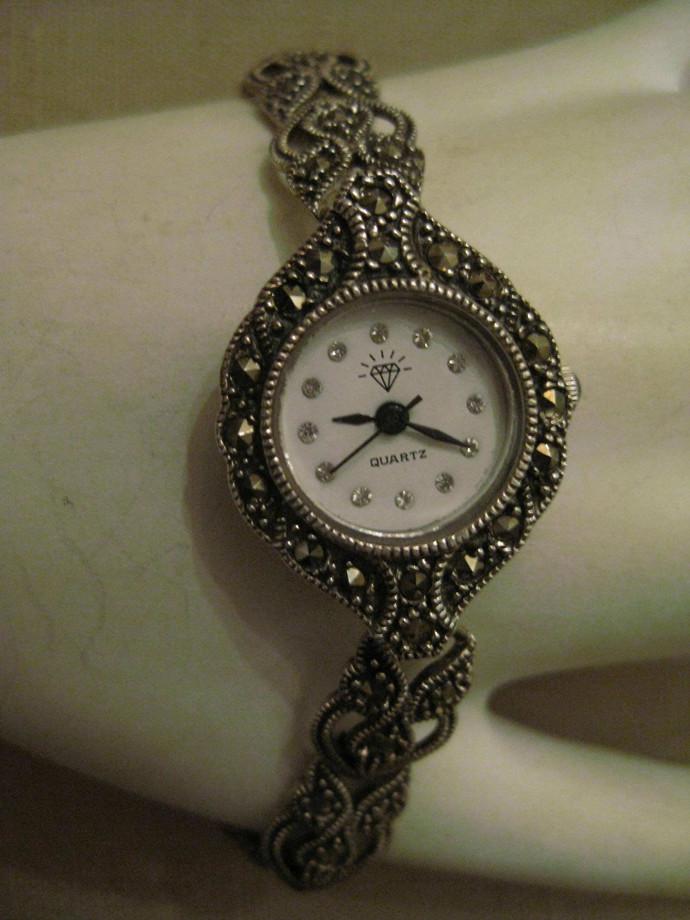 DBJ 925 STERLING SILVER Marcasite Rhinestone Womans Watch Ornate