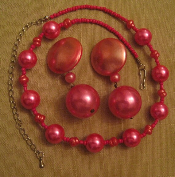 FUSCHIA PEARL Necklace Earring SET Single Strand … - image 2