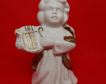 Vintage Porcelain Angel Christmas Ornament: Gold Harp Holiday Decor