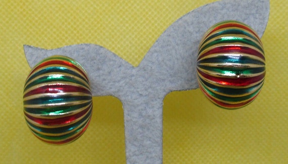 Vintage Enamel Shrimp Earrings Ribbed Enamel Gold… - image 9