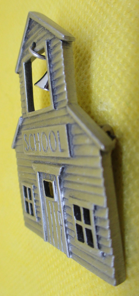 JJ SIGNED SCHOOL House Brooch W Moving Bell Pewte… - image 8