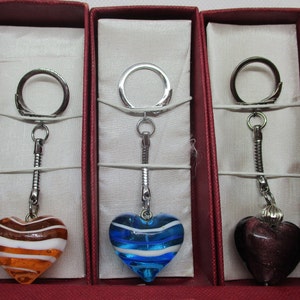 MURANO GLASS Keyrings Murano Glass Heart Keychains Murano Glass Swirled Glass Puffed Heart Keyrings In Original Giftbox Silver Tone Metal image 2