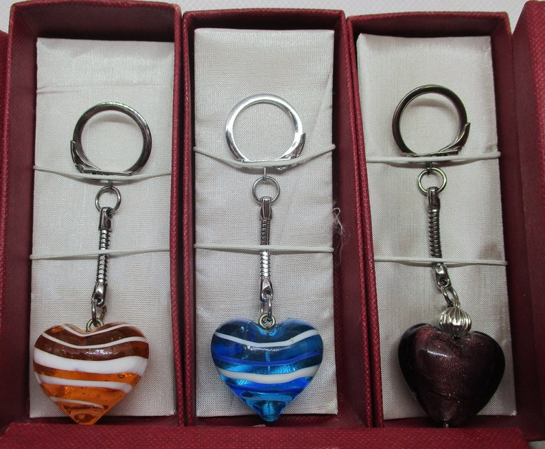 MURANO GLASS Keyrings Murano Glass Heart Keychains Murano Glass Swirled Glass Puffed Heart Keyrings In Original Giftbox Silver Tone Metal image 2