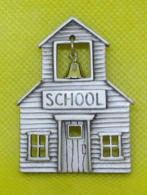 JJ SIGNED SCHOOL House Brooch W Moving Bell Pewte… - image 1