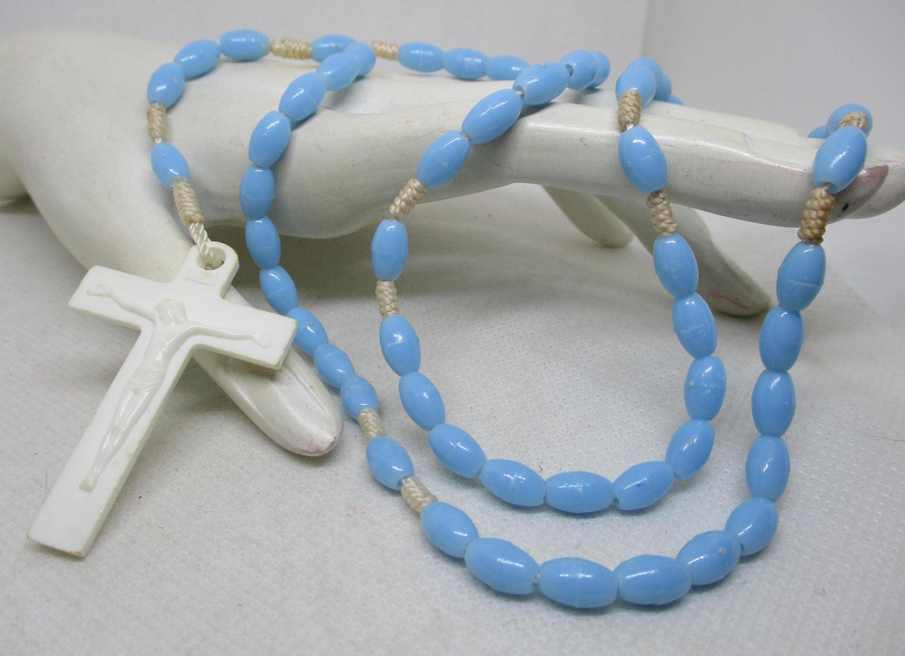 Hand Knotted Blue Plastic Rosary: White Crucifix, Silk Cord - Etsy