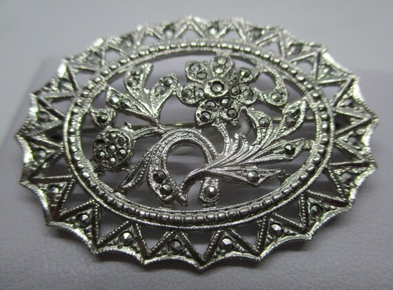 Sterling Silver Marcasite Brooch Art Nouveau 1930… - image 5