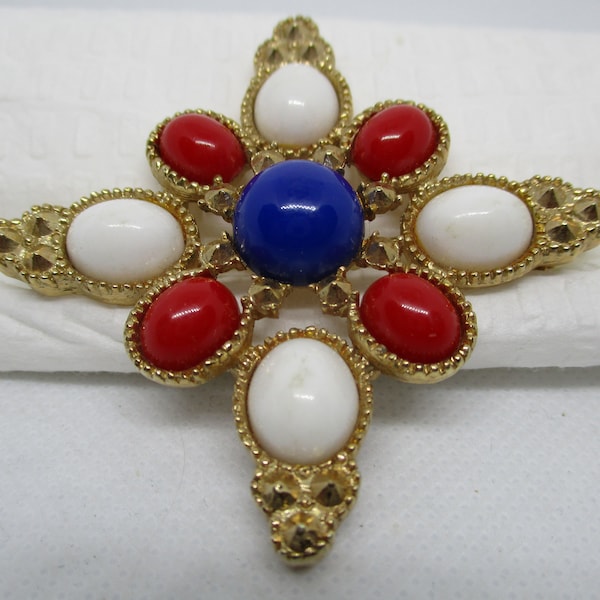 AMERICANA SARAH COVENTRY Brooch Patriotic Red White Blue Cabochon 3 Dimensional Gold Tone Metal Brooch Signed Sarah  Coventry 1972