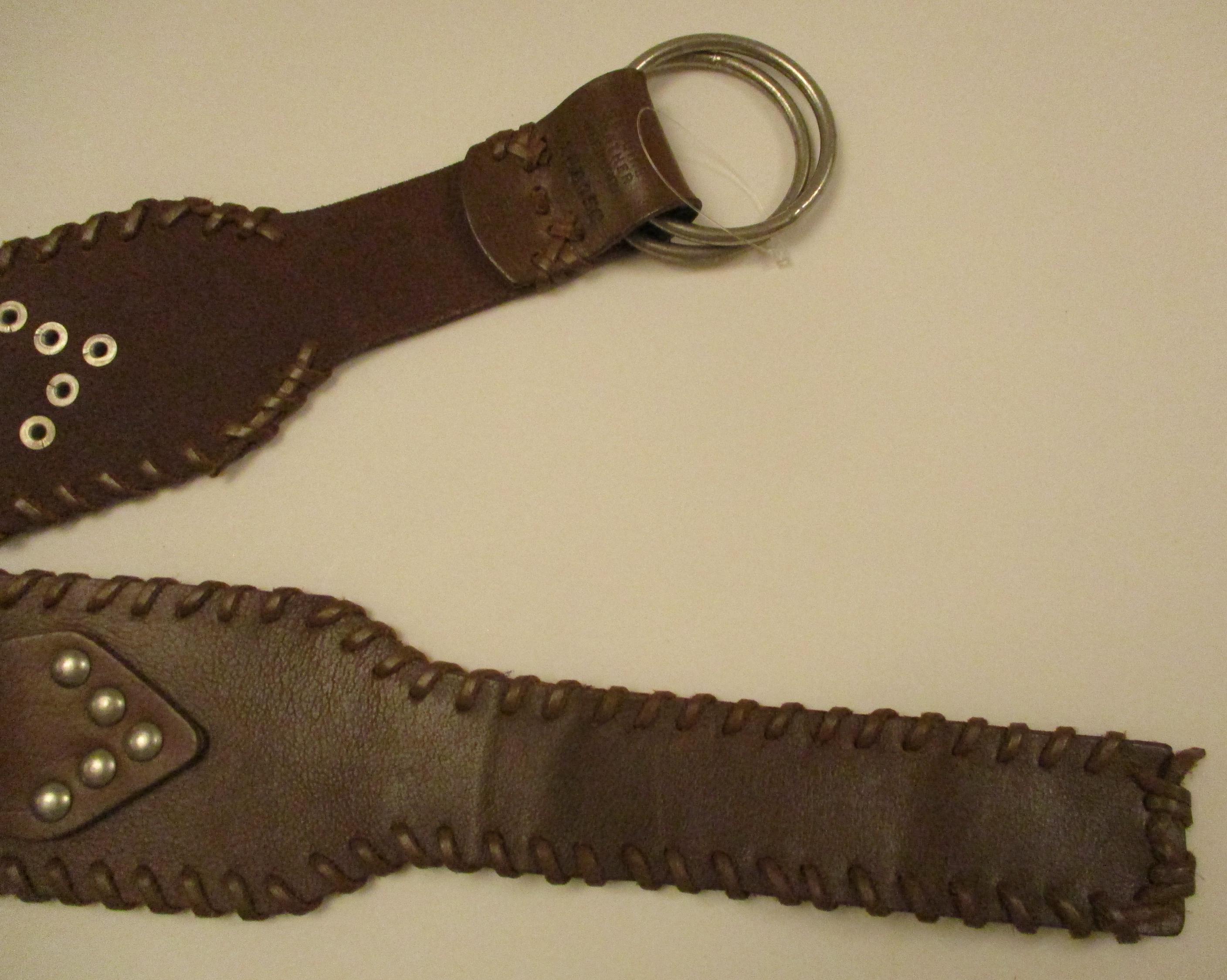 Vtg Calvin Klein Brown Leather Equestrian Belt Silver Metal O Rings Wide Stud XL Calvin Klein Leather Solid Belts for Women for sale | eBay main image 2