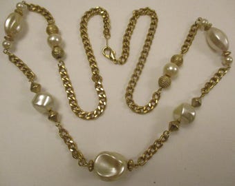 Vintage Faux Pearl Necklace: Gold Tone Chain, Beaded, 30 Inch