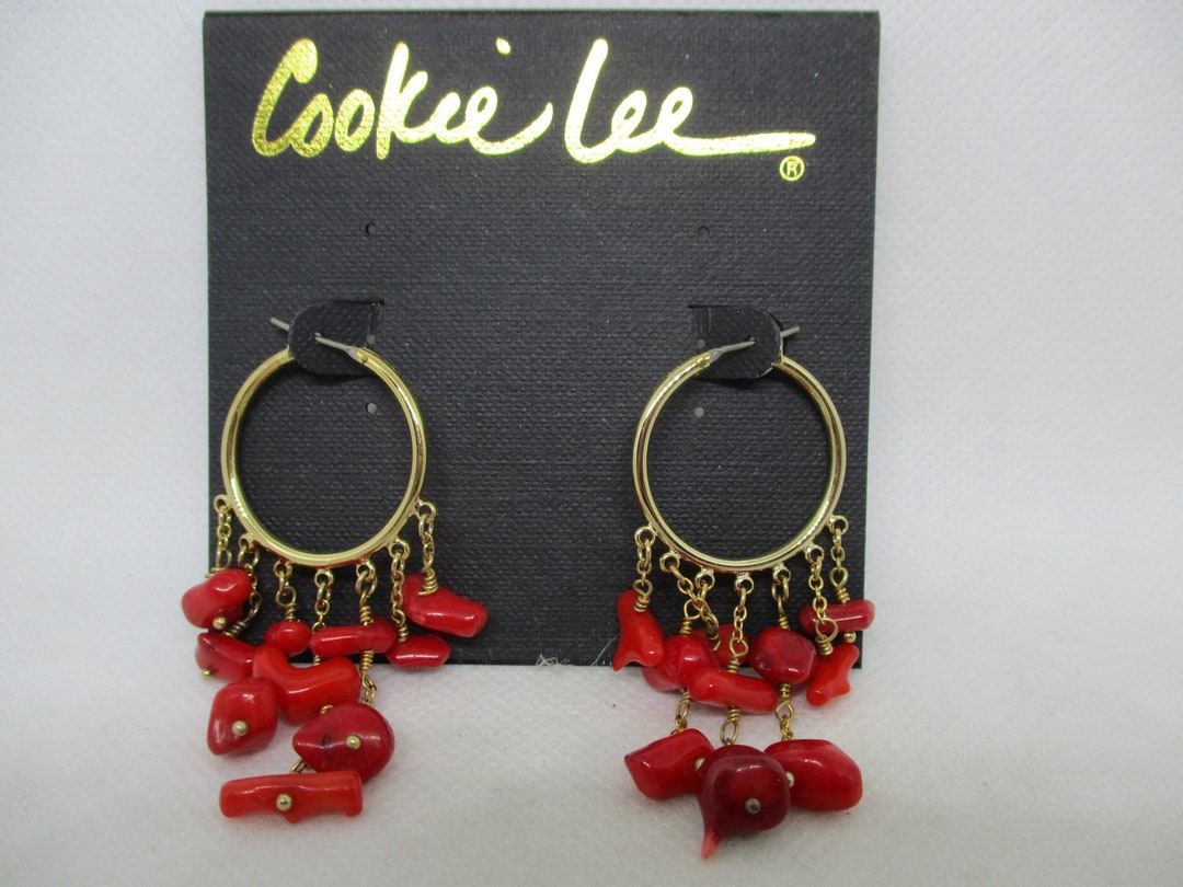 Cookie Lee Coral Hoop Earrings Goldtone Dangle Chain Earrings Etsy