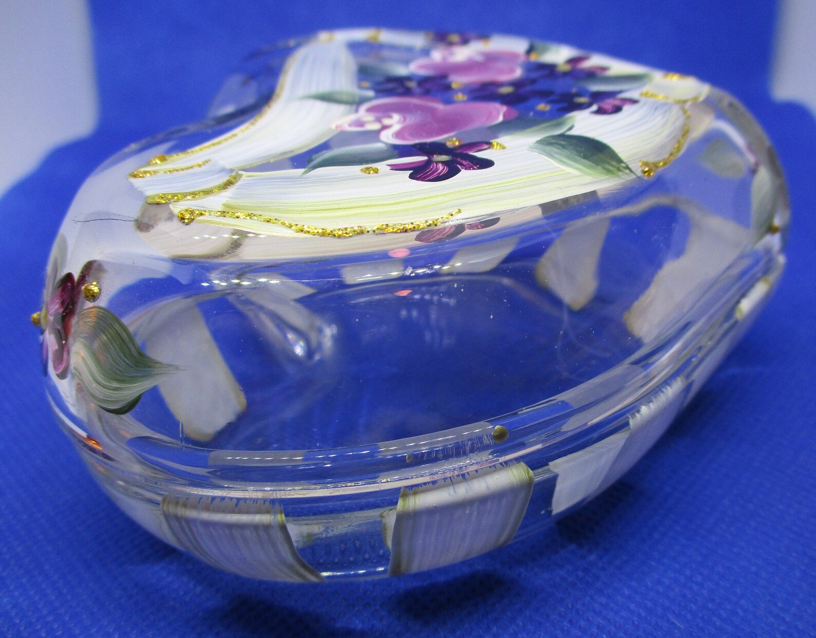 Handpainted Heavy Glass Jewelry Box Violet Floral Jewelry Box