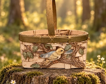 Panier artisanal vintage des Philippines | Tissé à la main, motif oiseaux chanteurs, décoration champêtre | Cadeau de mariage d'automne