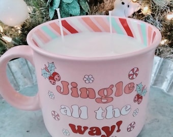 Jingle All the Way Mug de Noël rose Bougie de soja ~ Canne en bonbon parfumée Cacao chaud