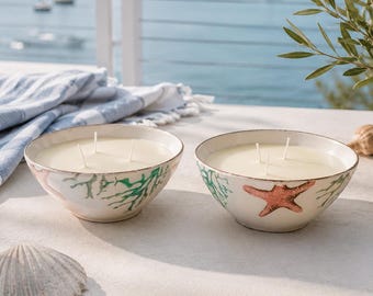 Conjunto de velas em tigela náutica, vela com aroma de loção bronzeadora de coco, limão e abacaxi, decoração de praia costeira.