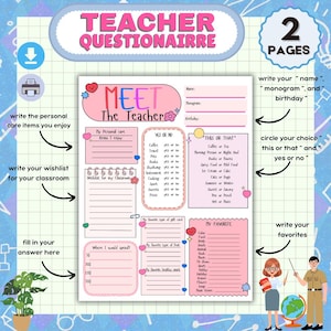 Cuestionario imprimible para maestros de regreso a clases / Cosas favoritas para maestros / Ideas de regalos para maestros / Lista de deseos para el aula / Conozca al maestro