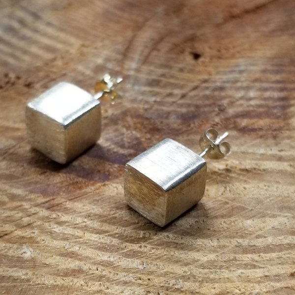 Geometric Square Cube Sterling Silver 925 Stud Earrings