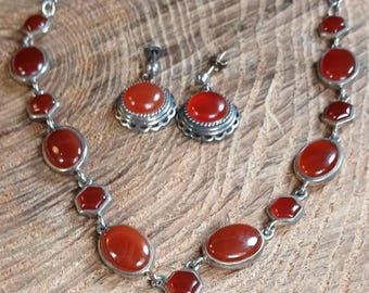 Carnelian Agate Barse Sterling Silver Necklace Adjustable 12-18" & Dangle Post Back Earrings