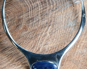 Vintage Taxco Mexico Sterling Silver 15" Choker Necklace With Sodalite Stone Drop Signed Juventino Lopez Reyes