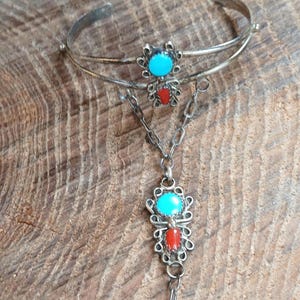 Sterling Silver Turquoise & Coral Native American Slave Chain Ring Bracelet 4.5" Size 7 Ring