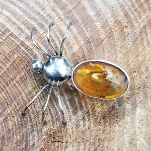 Amber Silver Spider  Pin Brooch