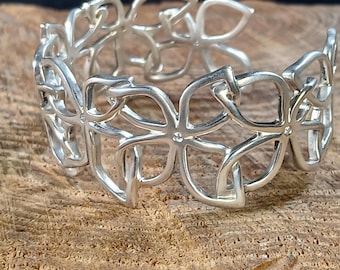 Open Work Design Flowers & Rhinestone Sterling Silver Cuff Bracelet 6.25"