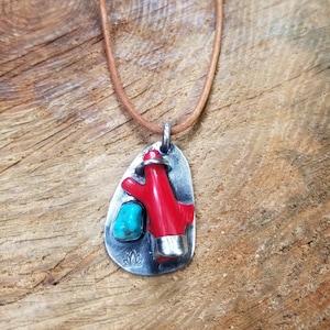 Sterling Silver Red Coral & Turquoise Pendant 22&quot; Leather Cord MikeMade