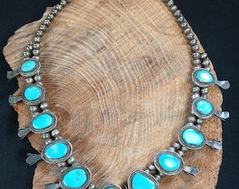 Squash Blossom Necklace 25" Sterling Silver Blue Gem Turquoise Navajo Pearls Naja