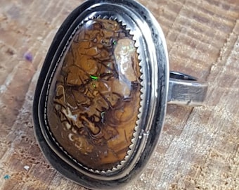 Sterling Silver Brown with Hidden Green Flash Boulder Opal Ring MikeMade Size 11
