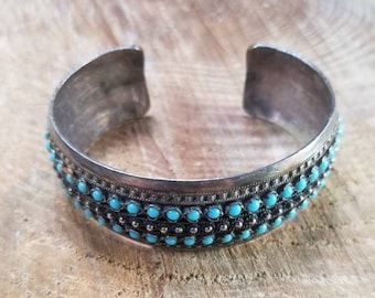 Vintage Turkish 100% Silver Glass Turquoise Petite Point Cuff Bracelet
