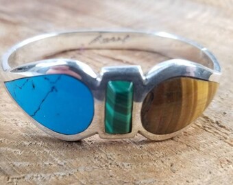 Taxco Sterling Silver Bangle Bracelet With Malachite, Turquoise, & Tigers Eye