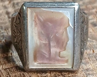 Antique Silver Carved Shell Cameo Ring Engraved Band Size 10