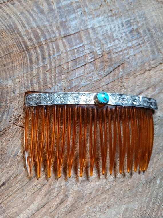 Sterling Silver Turquoise Stamped Accent Hair Comb Native  display picture 3