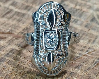 Art Deco 18k White Gold Filigree Diamond Ring Size 3.5