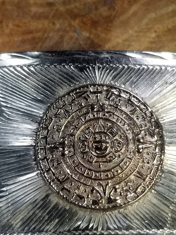 Aztec Sun Mayan Calendar Belt Buckle Sterling Silver Gem