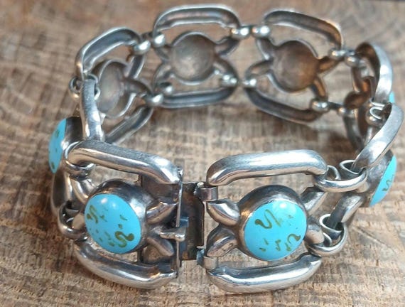 Art Deco Sterling Silver Turquoise Glass Schmidt & Bruckmann Bracelet 7.5"