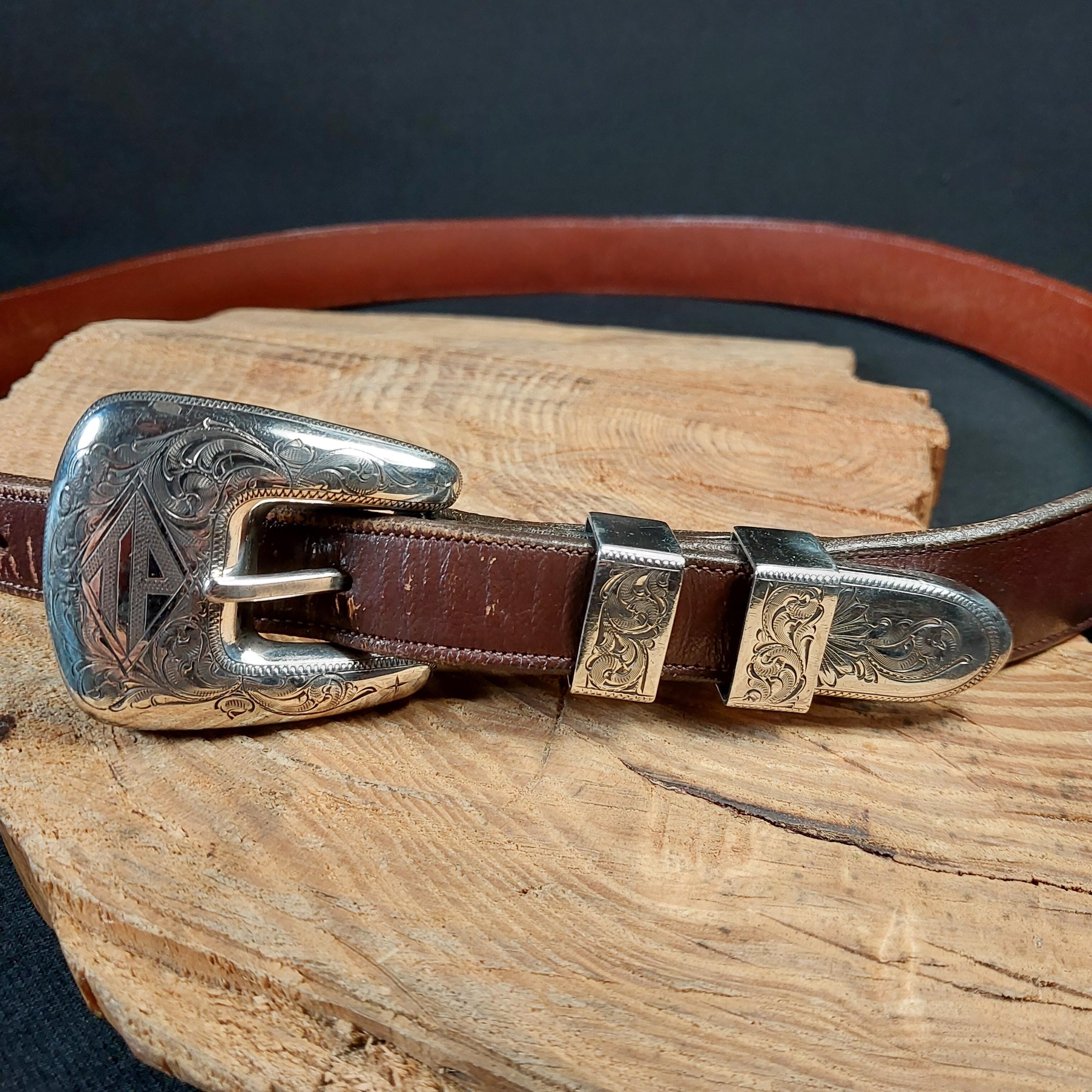 Vintage Hand Engraved Sterling Silver Buckle Set Engraved 