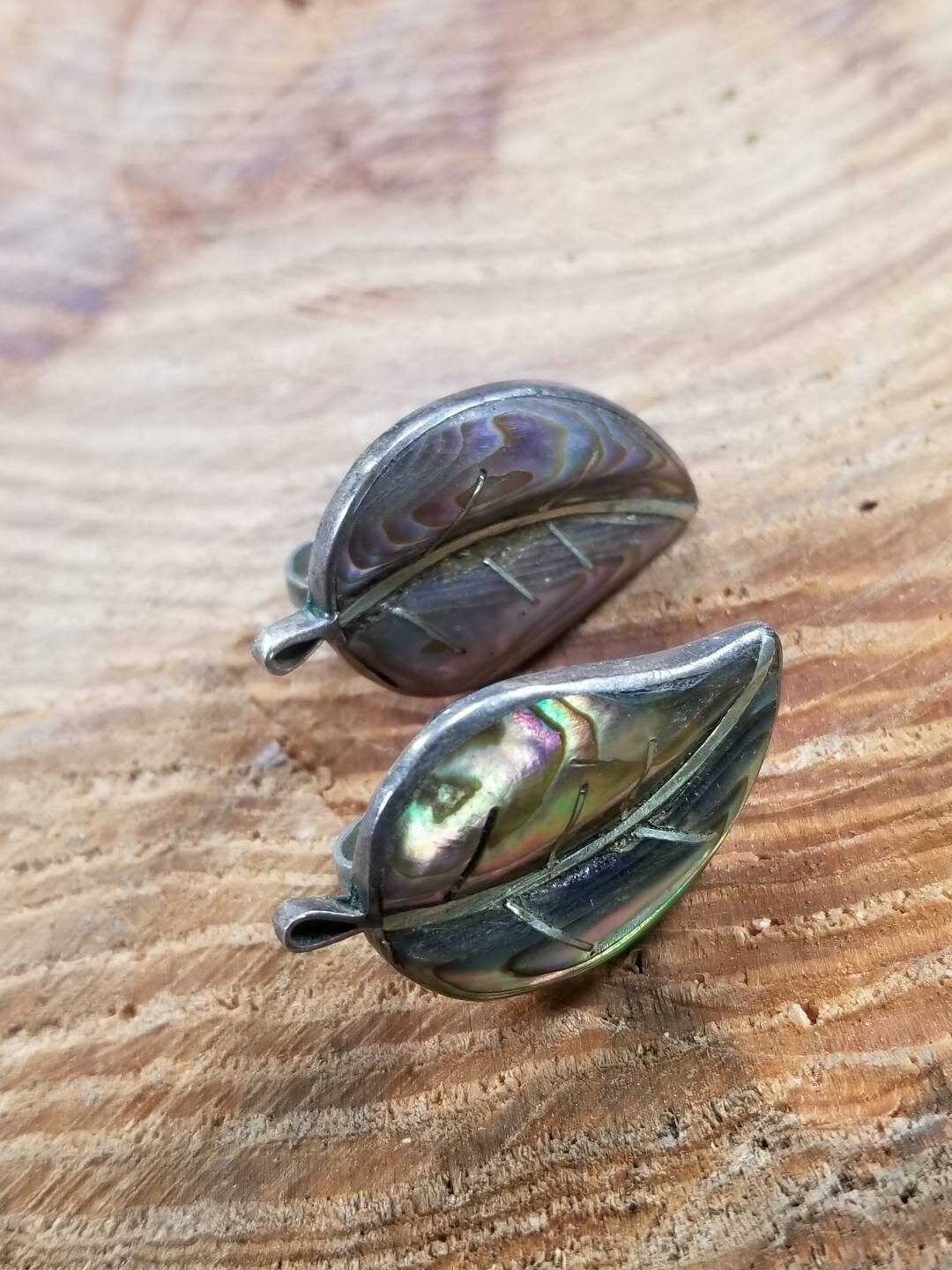 Abalone Leaf Taxco Sterling Silver Screw Back Earrings Vintage