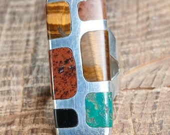 Antonio Hernandez Taxco Sterling Silver Gemstone Inlay Rectangle Panel Ring Size 8