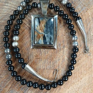 Jay King Desert Rose Trading Sterling Silver Onyx Beaded Necklace Maligano Jasper Pendant 24&quot;