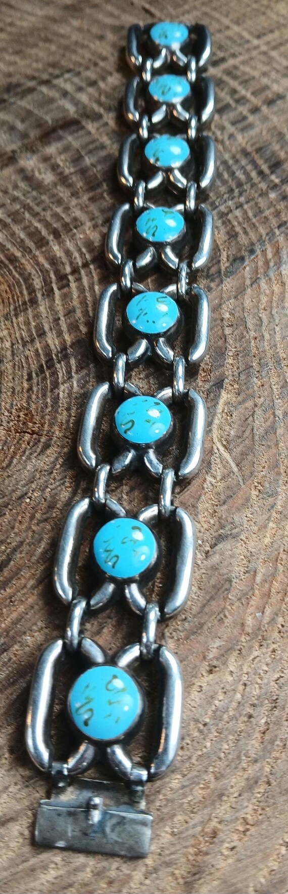 Art Deco Sterling Silver Turquoise Glass Schmidt & Bruckmann Bracelet 7.5" View 4
