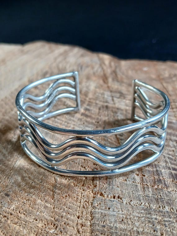 Taxco Modernist Zig Zag Wave Wire Cuff Sterling Silver 5.5