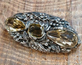 Art Nouveau Sterling Silver Citrine Floral Brooch Pin