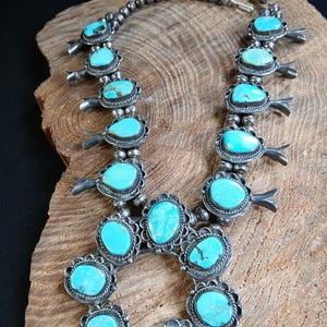 Sterling Silver Squash Blossom Turquoise Naja Necklace 26&quot;