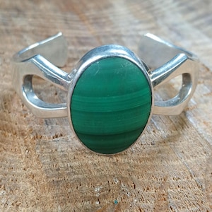 Small 4&quot; Cuff Malachite Sterling Silver Chunky Signed LR Crown