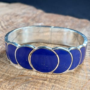 Sterling Silver Lapis Circle Clamper Bangle Bracelet 6.5&quot; Taxco