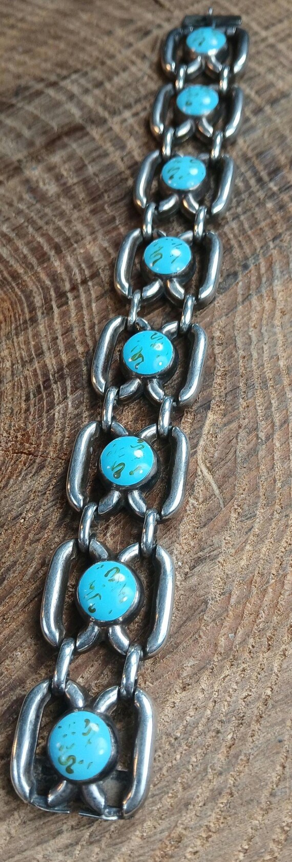 Art Deco Sterling Silver Turquoise Glass Schmidt & Bruckmann Bracelet 7.5" View 5