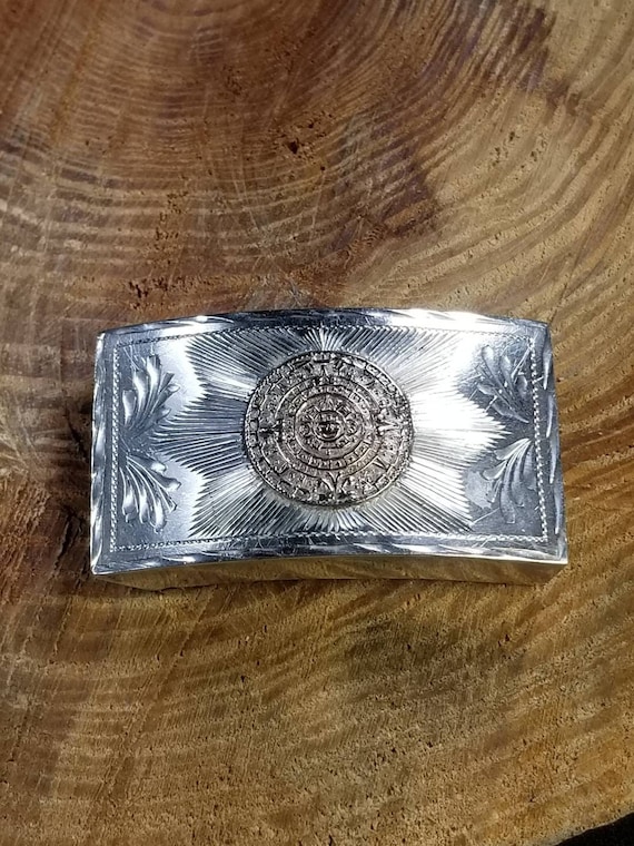 Aztec Sun Mayan Calendar Belt Buckle Sterling Sil… - image 1